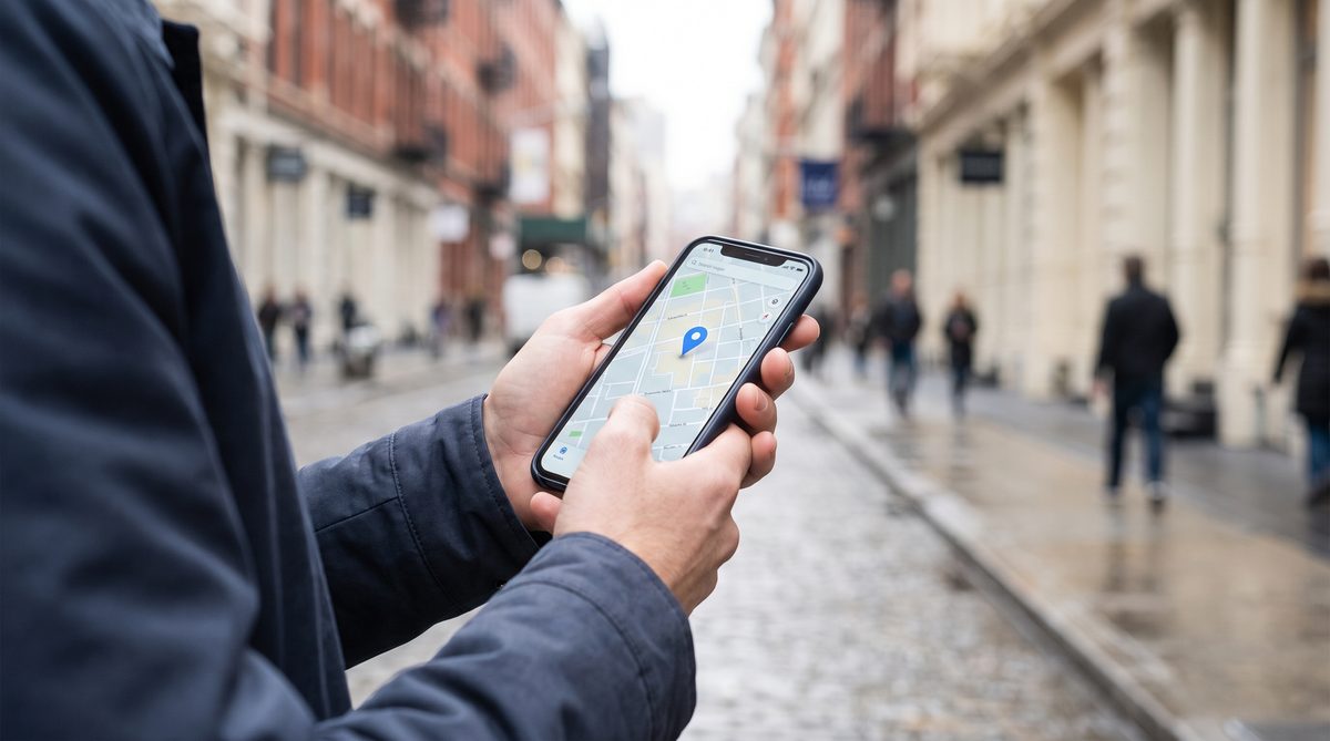 Person hält Smartphone mit Karten-App und Standort-Pin