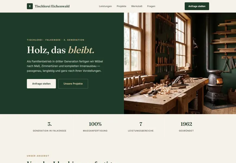 Fertige Startseite des Musterprojekts Tischlerei Eichenwald