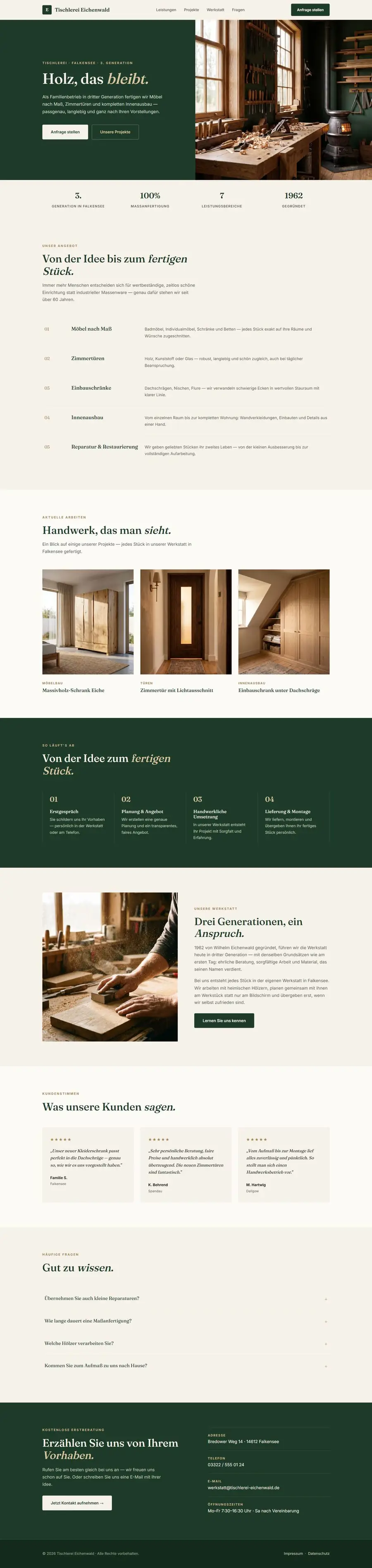 Bildschirmfoto der Website Tischlerei Eichenwald (Musterprojekt, fiktives Unternehmen)