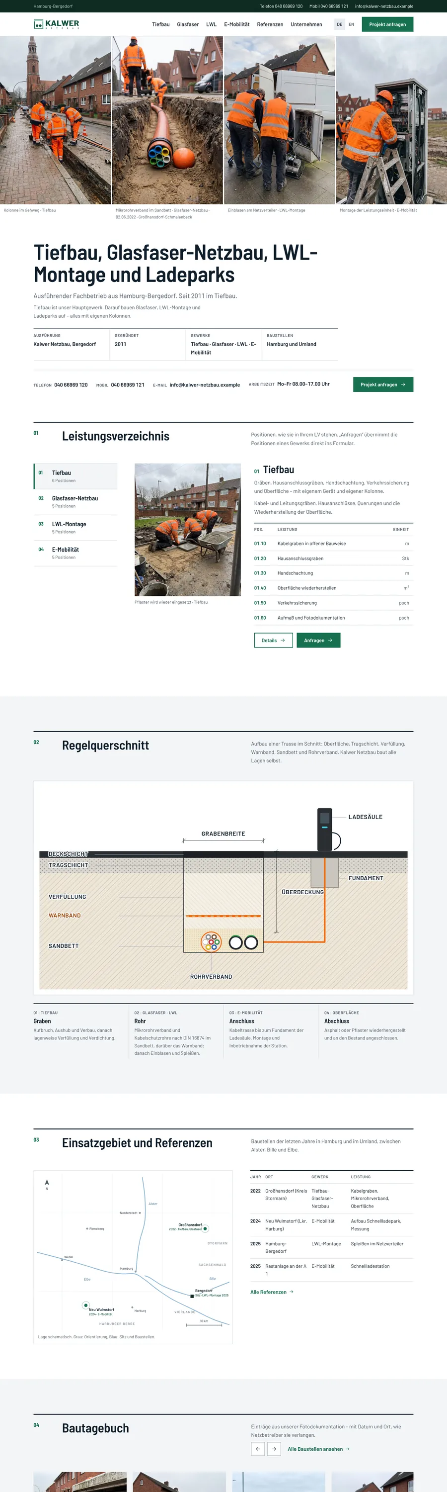 Screenshot of the website Kalwer Netzbau (version B, case study, anonymised)