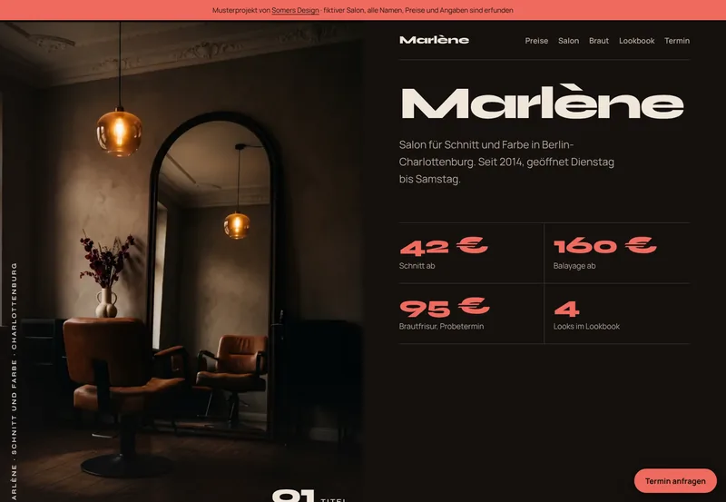 Home page of the website Salon Marlène (sample project, fictional business)