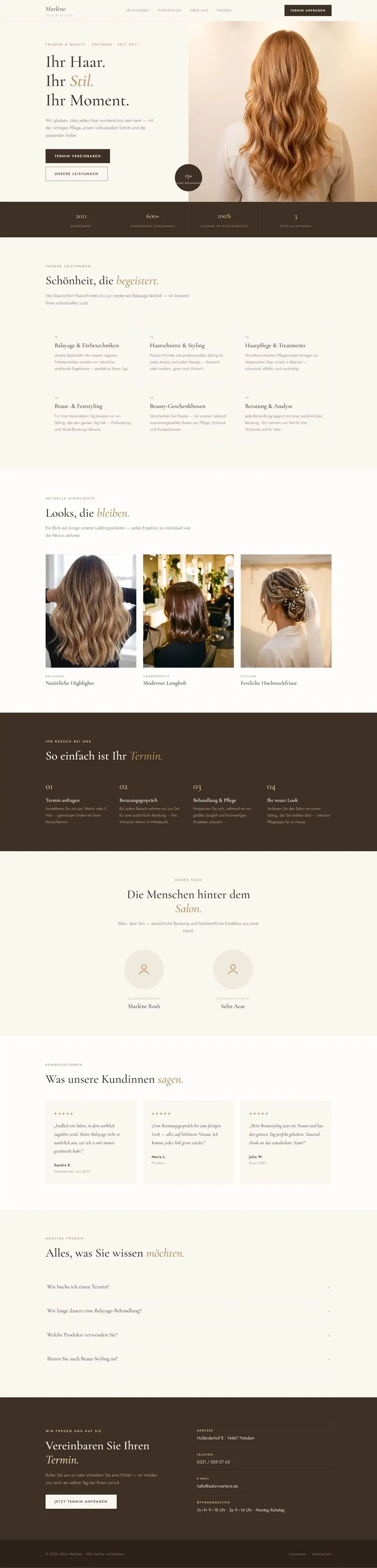 Bildschirmfoto der Website Salon Marlène (Musterprojekt, fiktives Unternehmen)