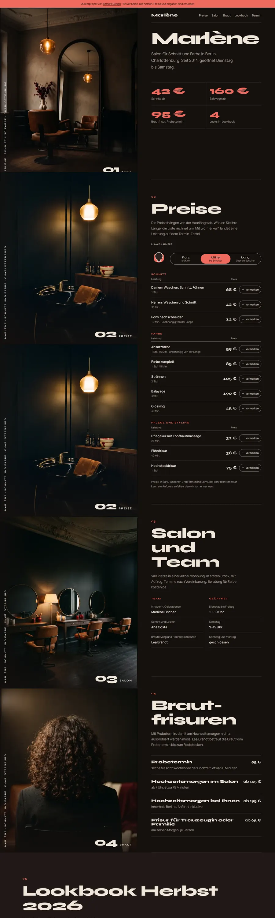 Screenshot of the website Salon Marlène (sample project, fictional business)