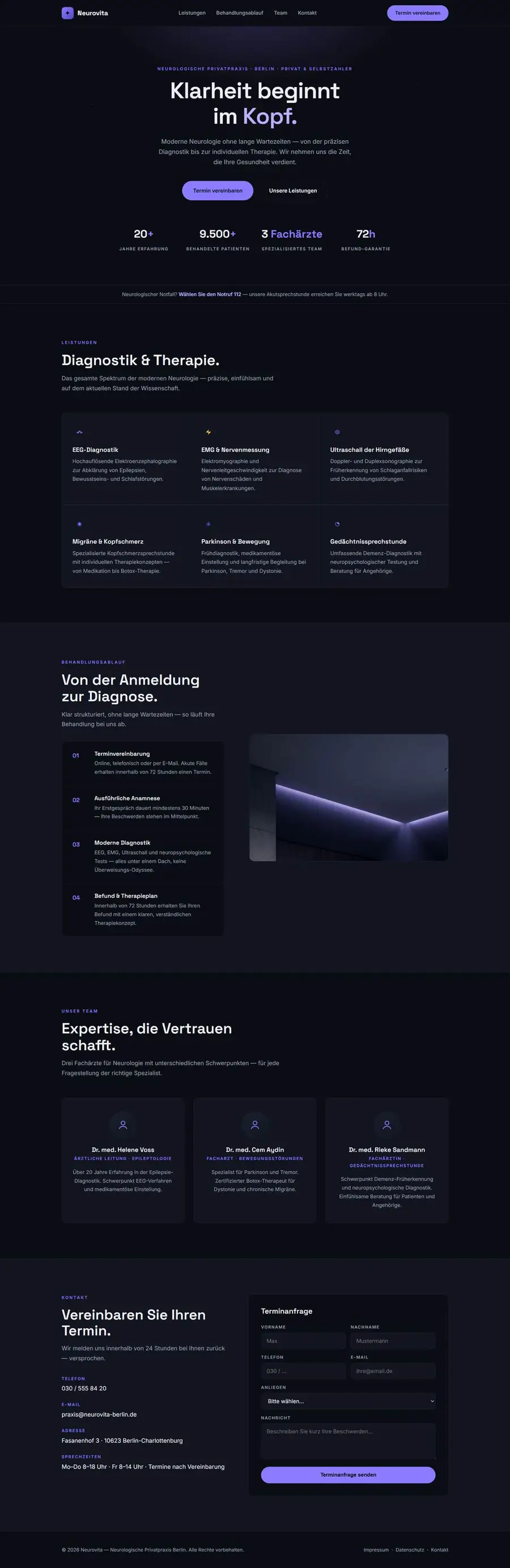 Bildschirmfoto der Website Neurovita (Musterprojekt, fiktives Unternehmen)