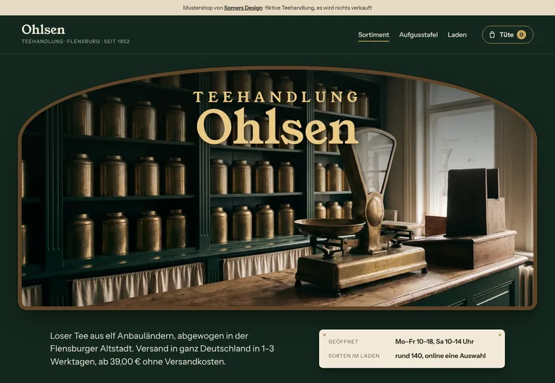 Home page of the website Teehandlung Ohlsen (sample project, fictional business)