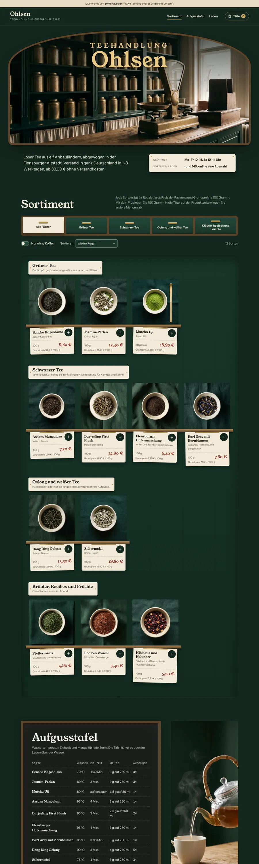 Screenshot of the website Teehandlung Ohlsen (sample project, fictional business)