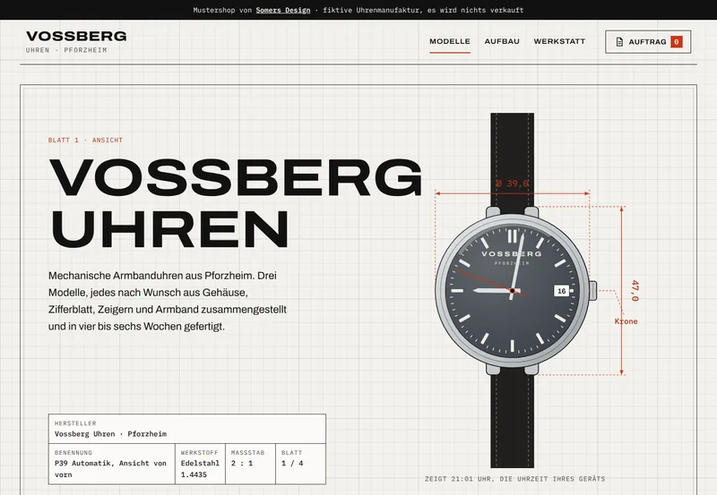 Home page of the website Vossberg Uhren (sample project, fictional business)