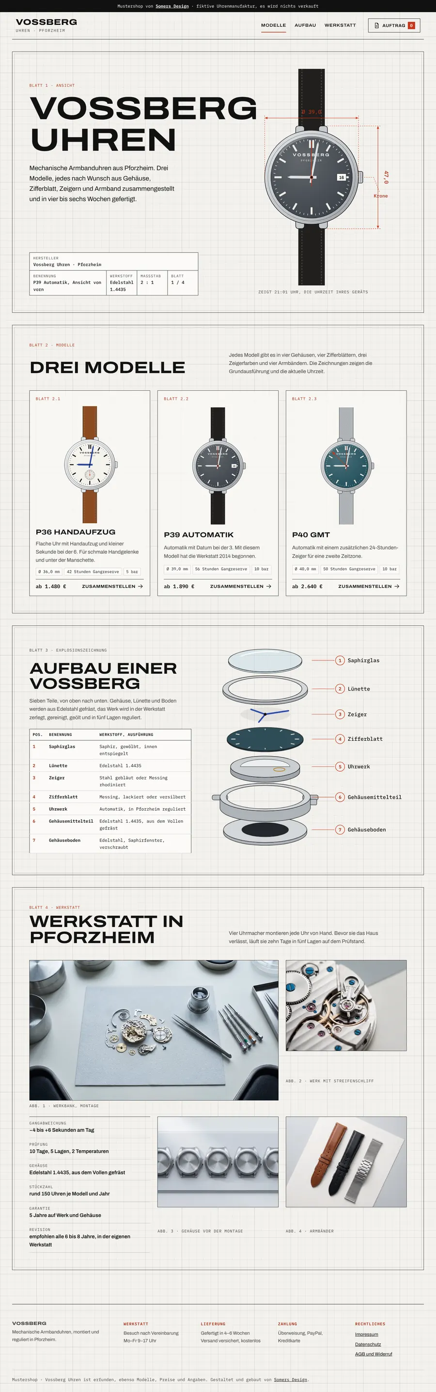 Screenshot of the website Vossberg Uhren (sample project, fictional business)