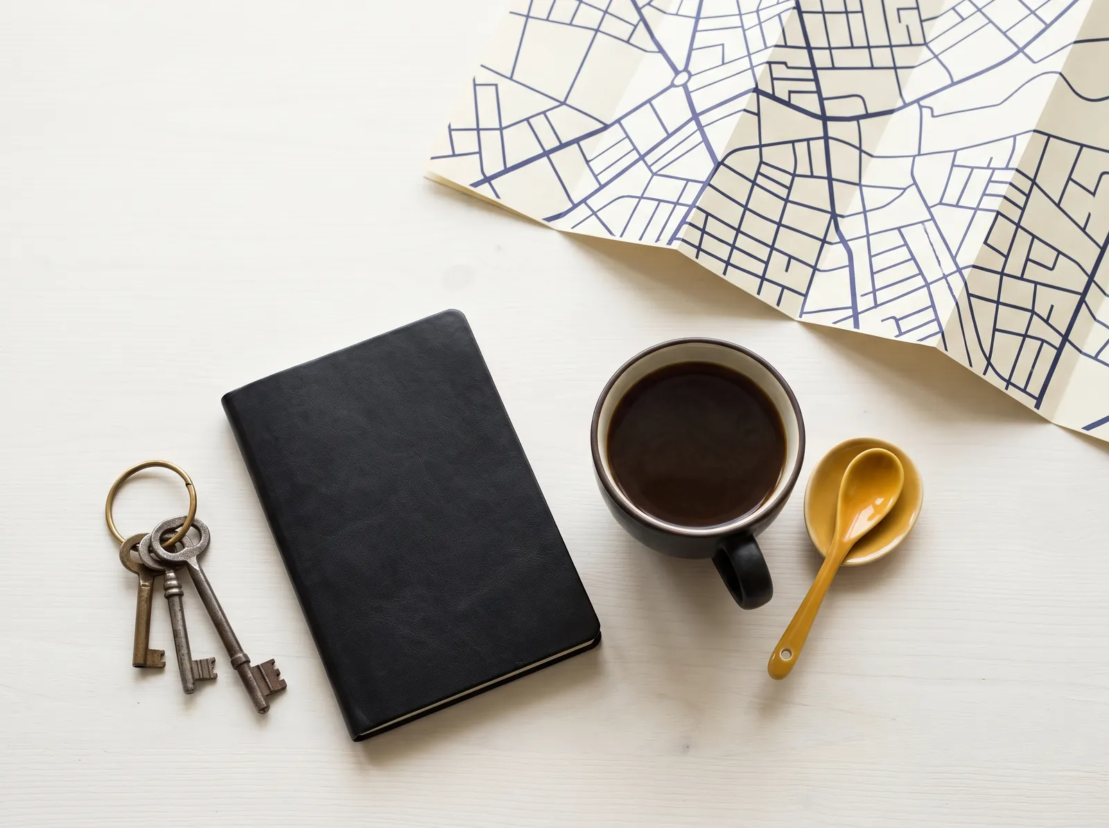 Bunch of keys, black notebook and coffee on a light desk