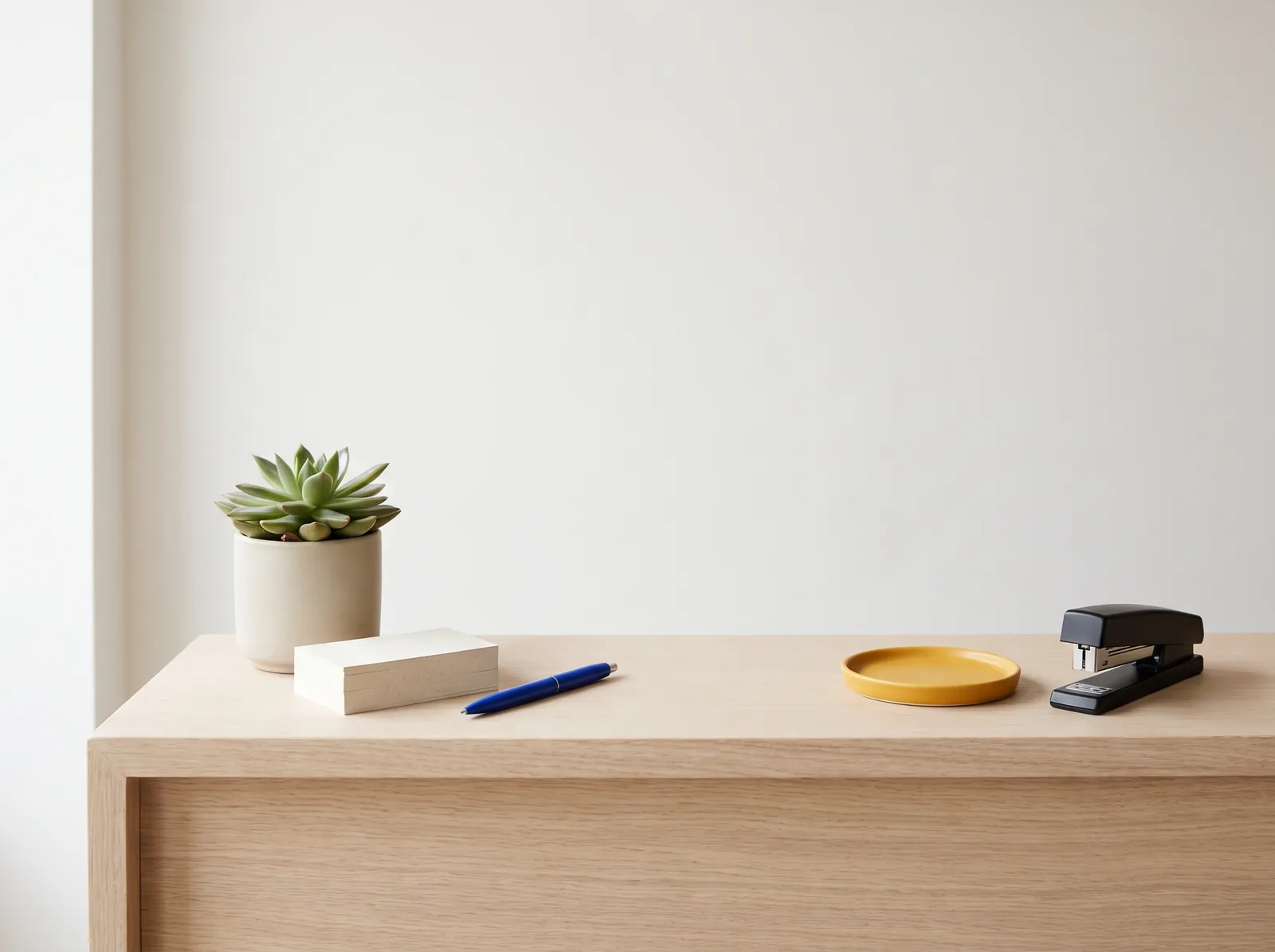 Light wooden reception desk with a small plant and appointment cards