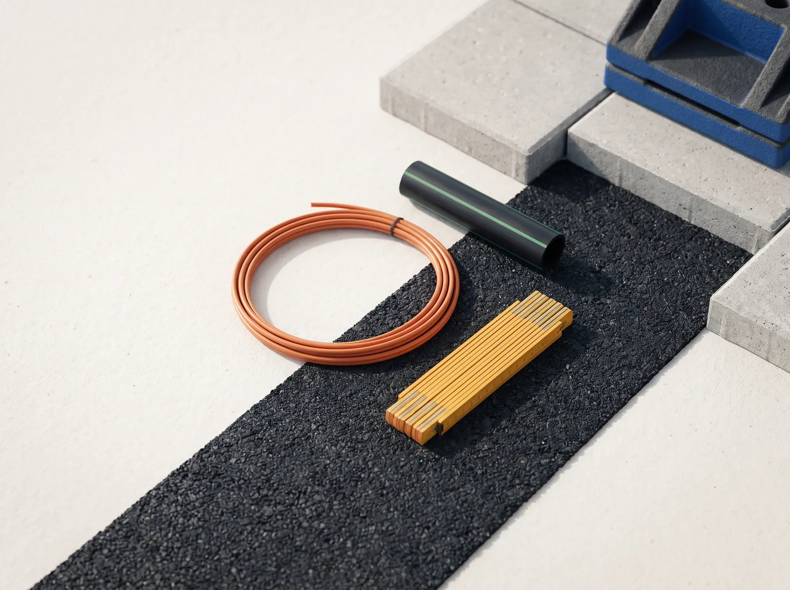 Orange microduct, a piece of black cable duct and a yellow folding ruler on fresh asphalt next to concrete paving